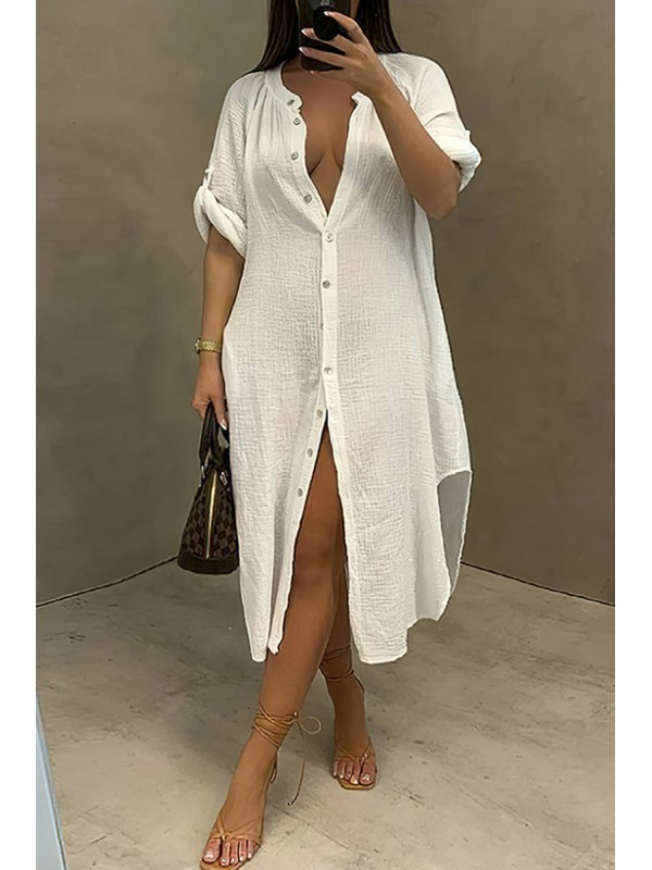 White Fashion Casual Solid Patchwork Turndown Collar Shirt Dress 