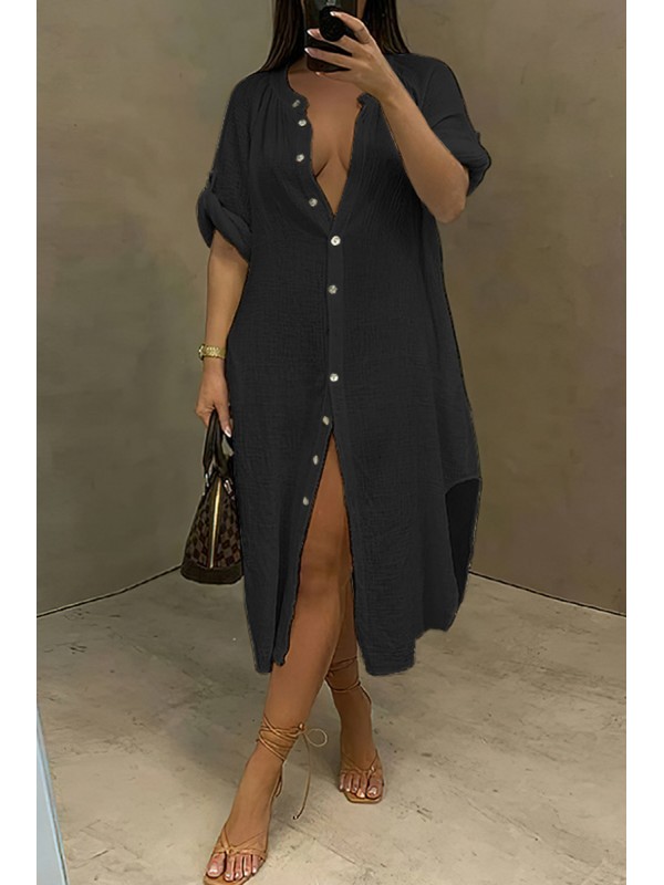 Black Fashion Casual Solid Patchwork Turndown Collar Shirt Dress 