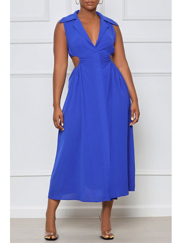 Blue Sexy Solid Hollowed Out Patchwork V Neck A Line Dresses 