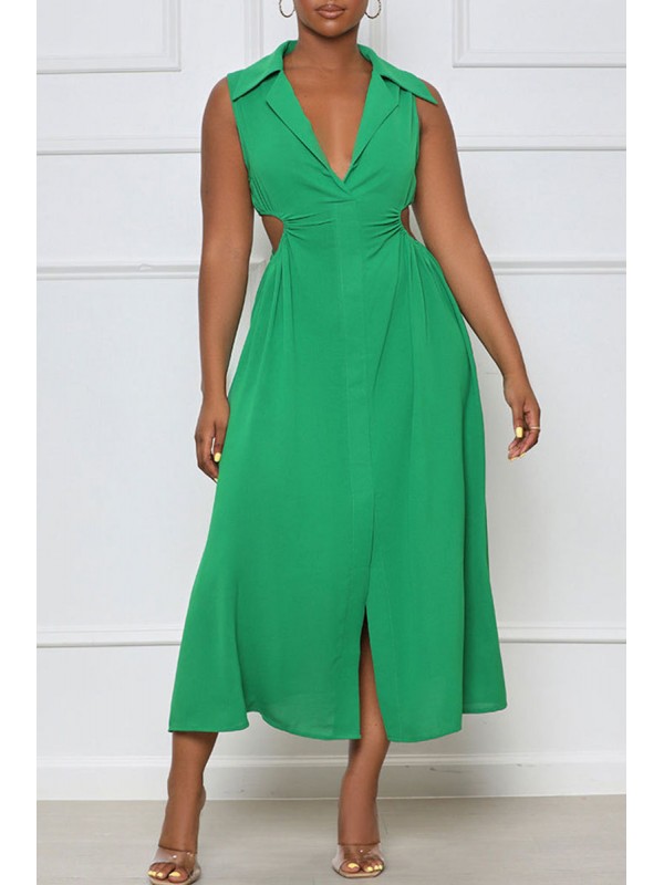 Green Sexy Solid Hollowed Out Patchwork V Neck A Line Dresses 