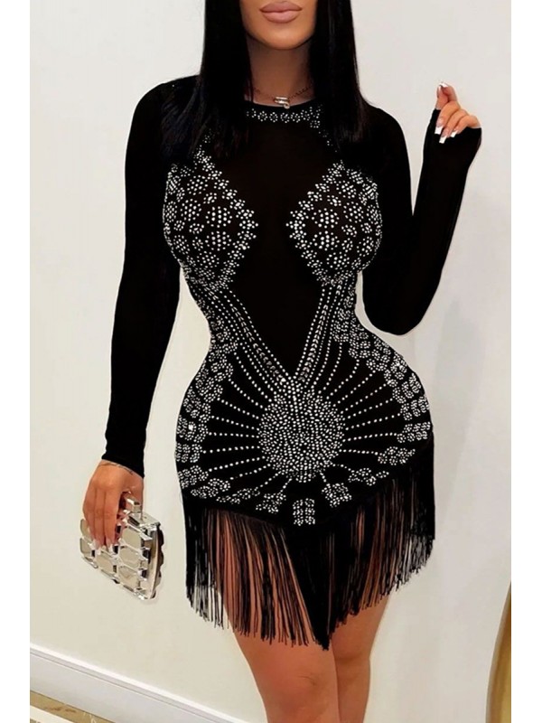 Black Fashion Sexy Patchwork Hot Drilling Tassel O Neck Long Sleeve Dresses 