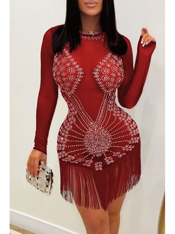 Red Fashion Sexy Patchwork Hot Drilling Tassel O Neck Long Sleeve Dresses 