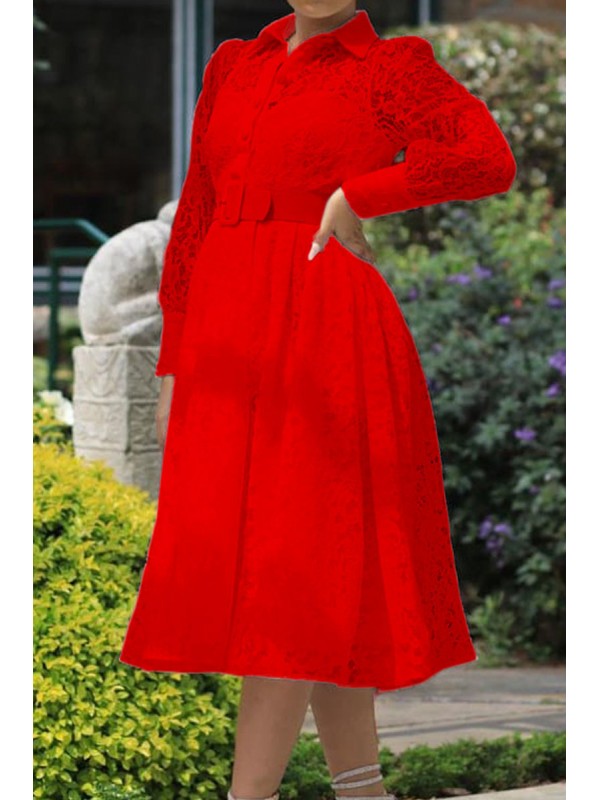 Red Casual Elegant Solid Patchwork Buckle Turndown Collar Dresses 