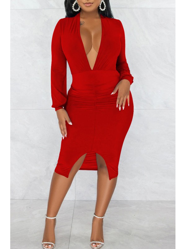 Red Sexy Solid Patchwork Slit V Neck Long Sleeve Dresses 