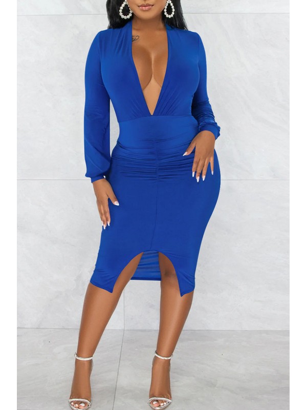 Blue Sexy Solid Patchwork Slit V Neck Long Sleeve Dresses 