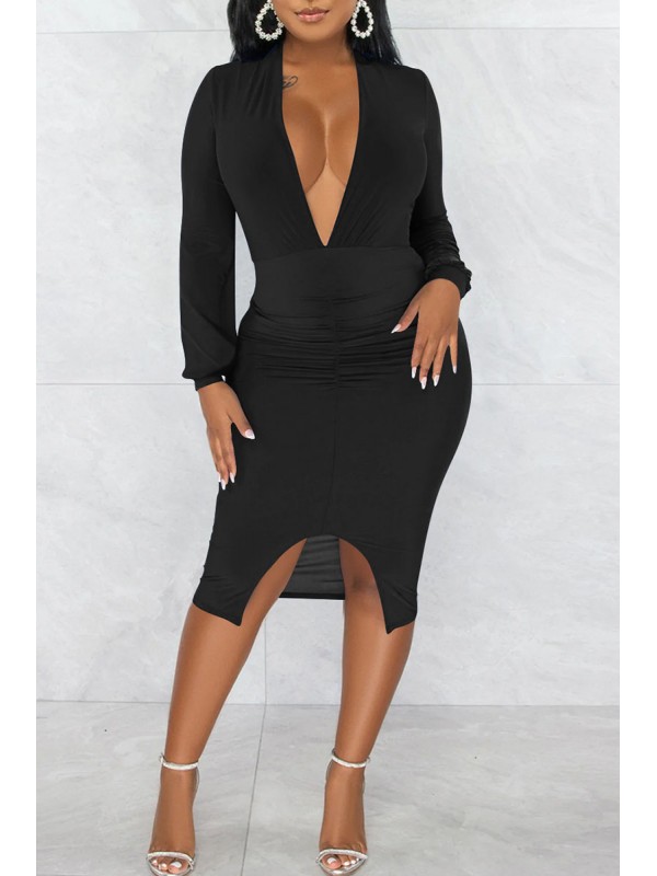 Black Sexy Solid Patchwork Slit V Neck Long Sleeve Dresses 