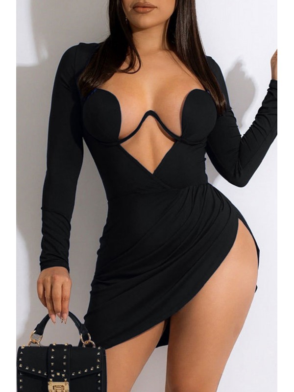 Black Fashion Sexy Solid Hollowed Out Patchwork Asymmetrical V Neck Long Sleeve Dresses 