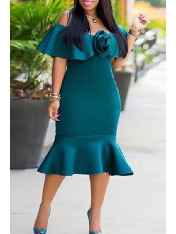 Peacock Blue Elegant Solid Patchwork Flounce Off the Shoulder Dresses 