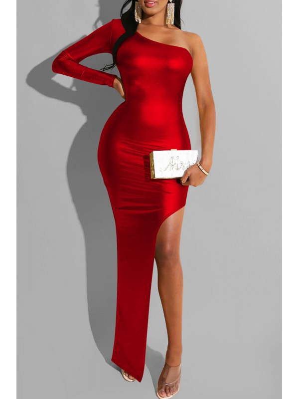 Red Fashion Sexy Solid Backless Slit Oblique Collar Long Sleeve Dresses 