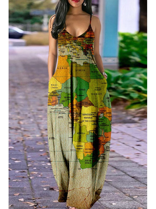 Colour Fashion Sexy Print Backless Spaghetti Strap Long Dress 