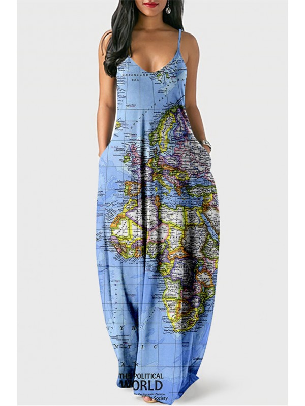 Colour Fashion Sexy Print Backless Spaghetti Strap Long Dress 