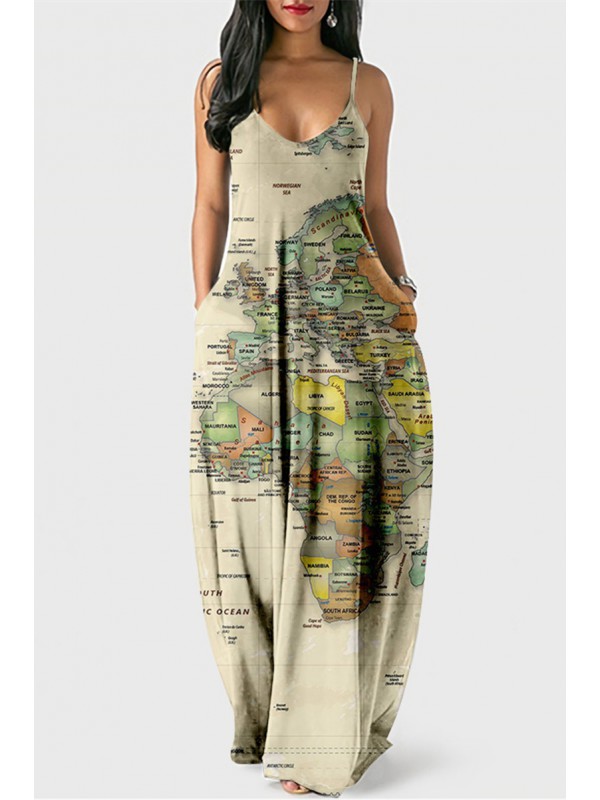 Colour Fashion Sexy Print Backless Spaghetti Strap Long Dress 