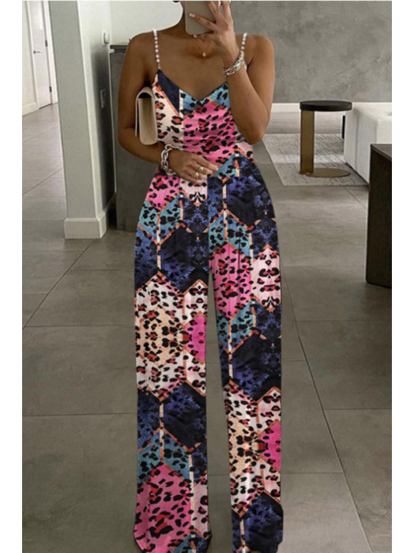 Blue Sexy Print Patchwork Pearl Spaghetti Strap Straight Jumpsuits 