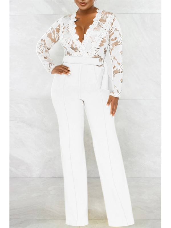 White Fashion Casual Patchwork See-through V Neck Regular Jumpsuits 