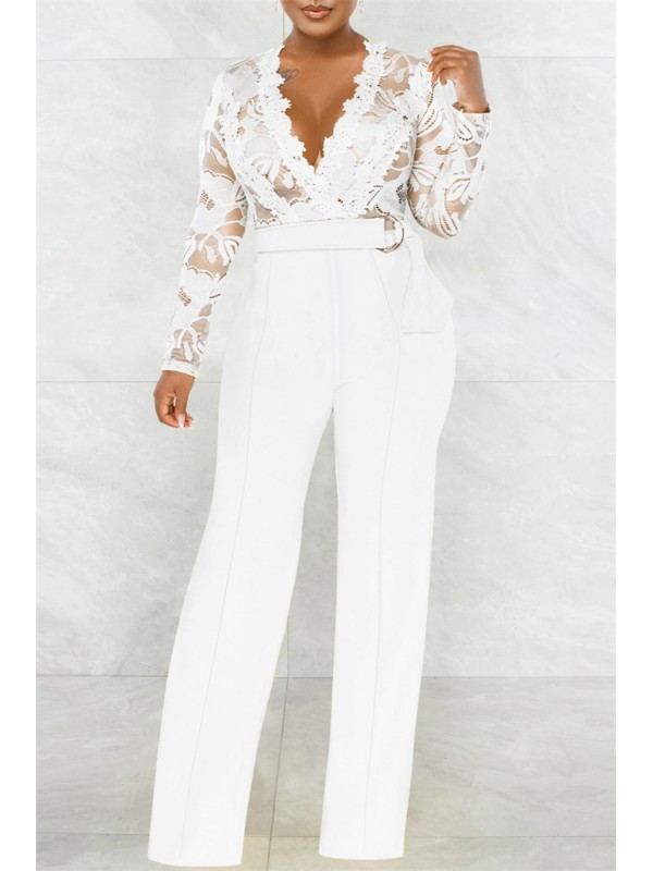 White Fashion Casual Patchwork See-through V Neck Regular Jumpsuits 