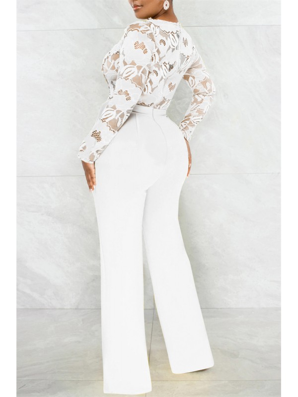 White Fashion Casual Patchwork See-through V Neck Regular Jumpsuits 