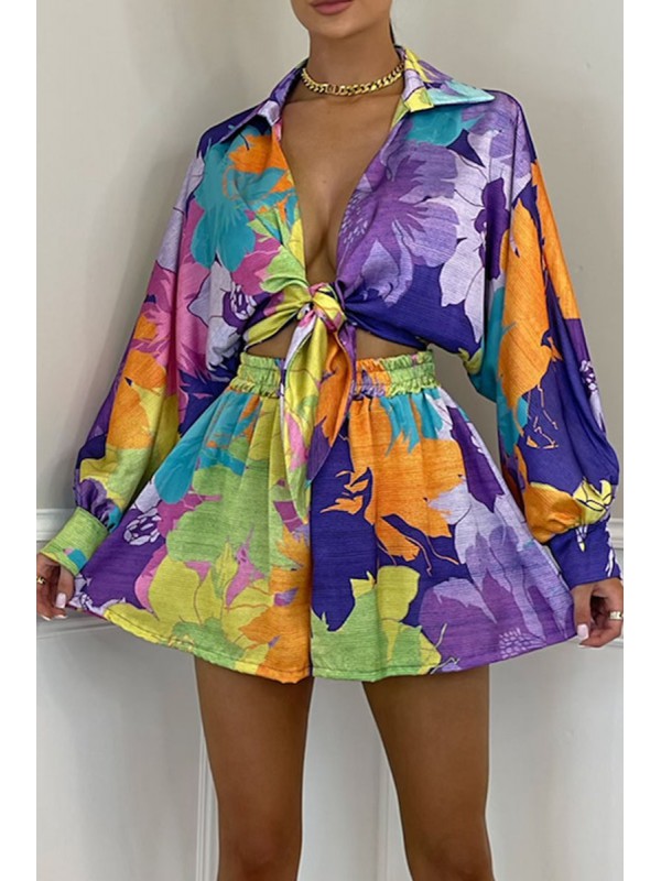 Purple Fashion Sexy Print Patchwork Turndown Collar Long Sleeve Two Pieces 