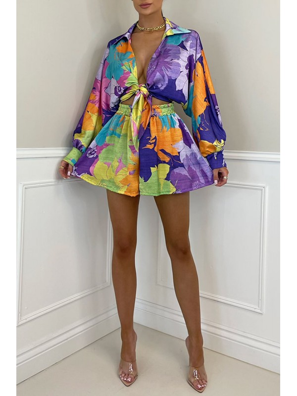 Purple Fashion Sexy Print Patchwork Turndown Collar Long Sleeve Two Pieces 